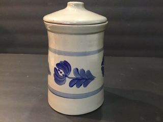 BBP Beaumont Brothers 1993 Crock Jar Canister W/lid Blue Flower 7x4” 2