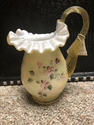 Fenton Yellow Iridescent Hand Painted Flower Vase Signed S Shepard