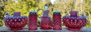 Fenton Glass Hobnail Cranberry Opalescent Cruet,  Candle Holders,  Shakers