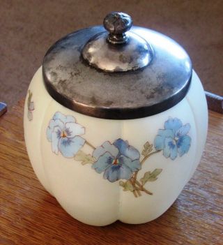 Signed Mt Washington Art Glass Biscuit Jar Smith Bros Decorated Pansy Design