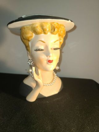 Vintage Lee Wards Lady Head Vase W Pearl Jewelry Black Dress Hand Orig.  Sticker