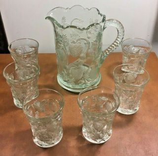 Eapg Near Cut Inverted Strawberry Clear Pitcher 6 Glasses