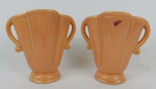 Red Wing Rumrill Pottery Pink Handled Vases 946 6 " Scalloped Top Ceramic