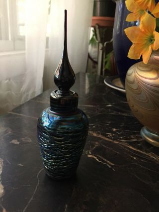 Abelman Iridescent Blue Art Glass Perfume Bottle W Long Dauber 1986 Signed