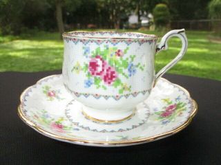 A - Cup Saucer Royal Albert Petit Point Pink Cabbage Roses In Fine Mesh Field