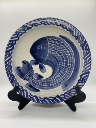 Studio Pottery Stoneware Blue Fish Decorative Plate Hand Thrown & Painted
