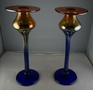 Rick Strini Studio Art Glass Cobalt & Orange Candlesticks Handmade