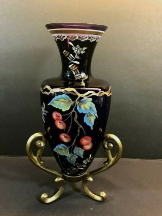 Fenton Glass Purple Limited Edition Signed Hand Painted Vase W/metal Stand