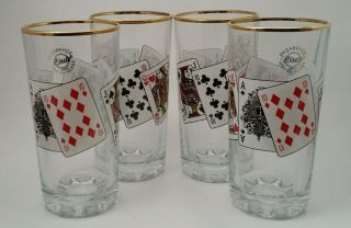Pasabahce Drinking Glasses,  Set Of 4,  Playing Cards,  A - Hi Straight,  Gold Band