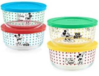 8 - Pc Pyrex Disney Mickey Mouse 4 Cup Glass Storage Bowl Set W/covers
