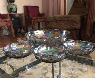 Smoke Gray Iridescent Carnival Thumbprint Federal Glass Serving Bowl &bowls Set