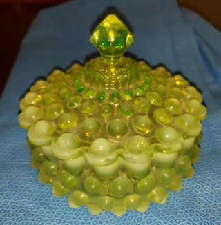 Fenton Vaseline Topaz Opalescent Glass " Large Hobbs " Hobnail Candy Dish & Cover