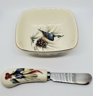 Lenox Winter Greetings Dip Bowl With Spreader Nuthatch Bird Design