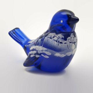 Fenton Cobalt Blue Glass Hand Painted Bird Figurine S.  Stephens Winter Scene