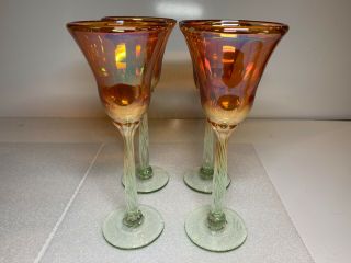 Rick Strini Art Glass Set Of 4 Iron Gold And Pale Green Twist Stem Water Goblets