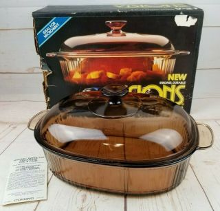 1986 Visions By Corning V - 21 Rangetop Cookware Amber 4 Qt.  Covered Roaster Nob