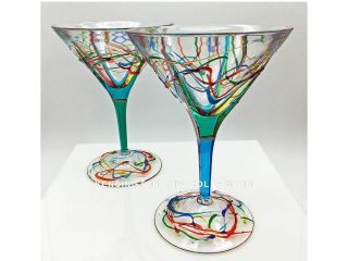 " Amalfi " Martini Glass Pair - Turquoise & Green - Hand Painted Venetian Glass