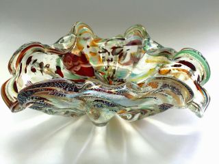 Vtg Murano Tutti Frutti Art Glass Bowl Ashtray Dino Martens Sty Silver Copper 9 "