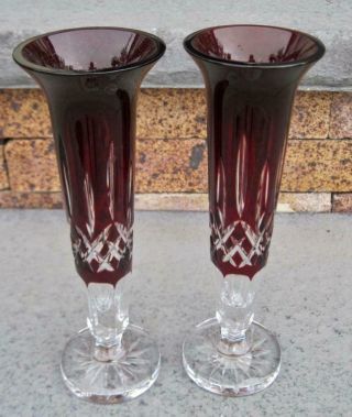 Two Waterford Crystal Red Cut To Clear 9.  25 " Flared Bud Vases Signed
