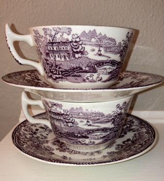 Royal Staffordshire China Clarice Cliff England Tonquin Plum 2 Flat Cup/saucers