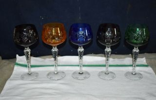 Gorgeous Set Of 5 Multicolor Cut To Clear Wine Hocks Glasses - Bohemian Stemware