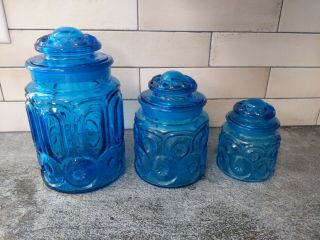 LE Smith Moon and Stars Colonial Blue Glass Canisters Set Of 3 3