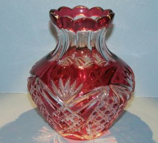 Caesar Crystal Red Vase Hand Cut To Clear Overlay Czech Bohemian Cased Art Glass