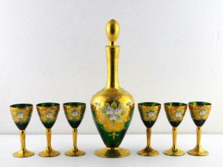 Set - Decanter With 6 Cordial Glasses Murano Italy Green Gold Glass Floral Good