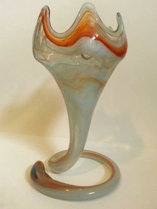 Vintage Hand Blown Art Glass Snake Base Vase 10 3/4 " High Red White Blue
