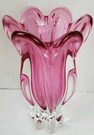 Vintage Bohemia Crystal Czech Glass Pink Vase Large Cranberry 10 " Tall