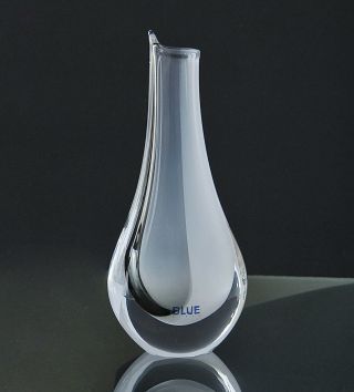 Blue Praha Art Crystal Bohemia Vase Black White Signed