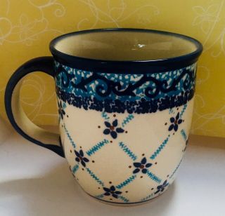 Boleslawiec Polish Pottery Mug Cobalt Blue Flowers Scroll Design Handmade 4a