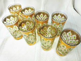 8 Vintage Culver " Valencia " 22k Gold/green Highball Glasses,  Signed Culvers