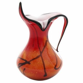 12.  5 " Tall Hand Blown Thick Glass Art Pitcher Vase - Red / Black / White