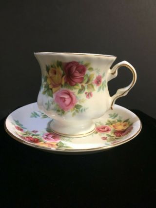 Balmoral Castle Tea Cup & Saucer England Pretty Red,  Yellow,  Pink Roses 1970 
