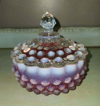 Fenton Hobnail Cranberry Opalescent Covered Candy Dish 1950s