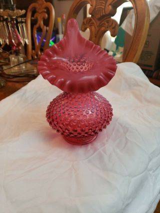 Fenton Art Glass Hobnail Jack In The Pulpit Vase Cranberry Glass 8.  5 Inches Tall