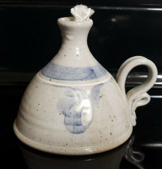 Stoneware Pottery Studio Hand Crafted Signed Blue Gray Oil Lamp