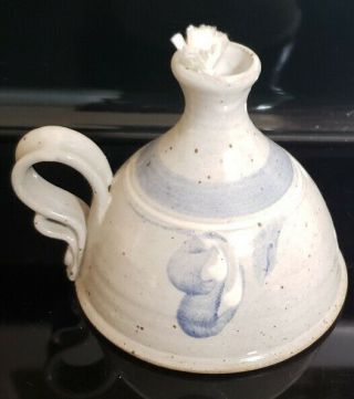 Stoneware Pottery Studio Hand Crafted Signed Blue Gray Oil Lamp 2