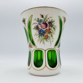 Antique Moser Vase Czech Bohemian Cut Glass White To Green Vase 4 3/4 " Tall