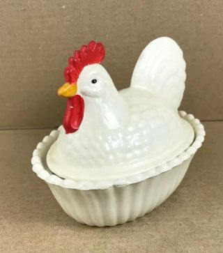White Ceramic Chicken Hen On Nest Dish Trinket Candy Condiment Bowl Lid 4” Tall