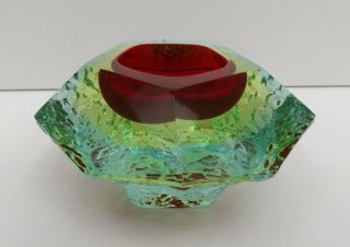 60/70s Murano Art Glass Sommerso Mandruzzato Faceted Red & Green Textured Bowl