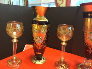 Vintage Bohemian Czech Art Glass Vase Ruby Red Enamel Gold Flowers