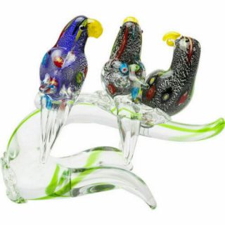 Giant Murano Art Glass 3 Birds On A Branch Millefiori & Silver Leaf With Label