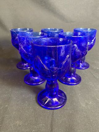 Cobalt Depression Glass Goblet Reised Tulip 5” 1/2 Set Of 6