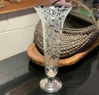 Cambridge Glass Etched Chantilly 12 " Vase With Sheffield Usa Sterling Foot 428