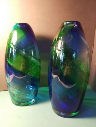 Pair Large Mid - Century Modern Murano Style Swirl Teardrop Art Glass Vase 12 " Tall
