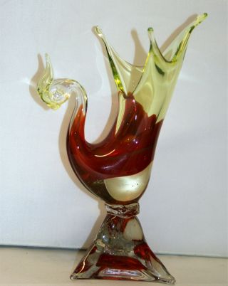 Murano Paradise Bird Sculpture Vase Cranberry & Uranium Glass By Gino Cenedese