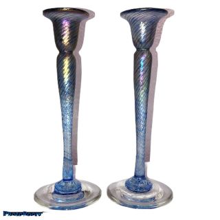 R.  Held Blue Iridescent Art Glass Candlesticks Candle Holders Pair
