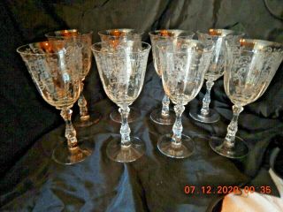 8 Fostoria Wine/water Goblet Etched Meadow Rose Clear